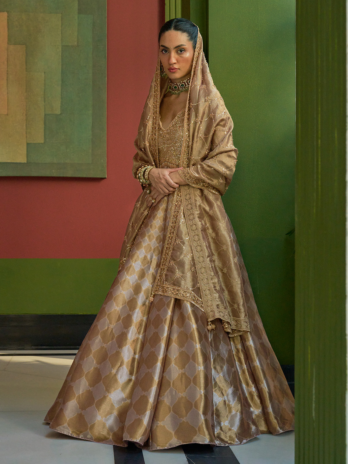 Golden silk designer lehenga choli with cutdana and sequin embellishments