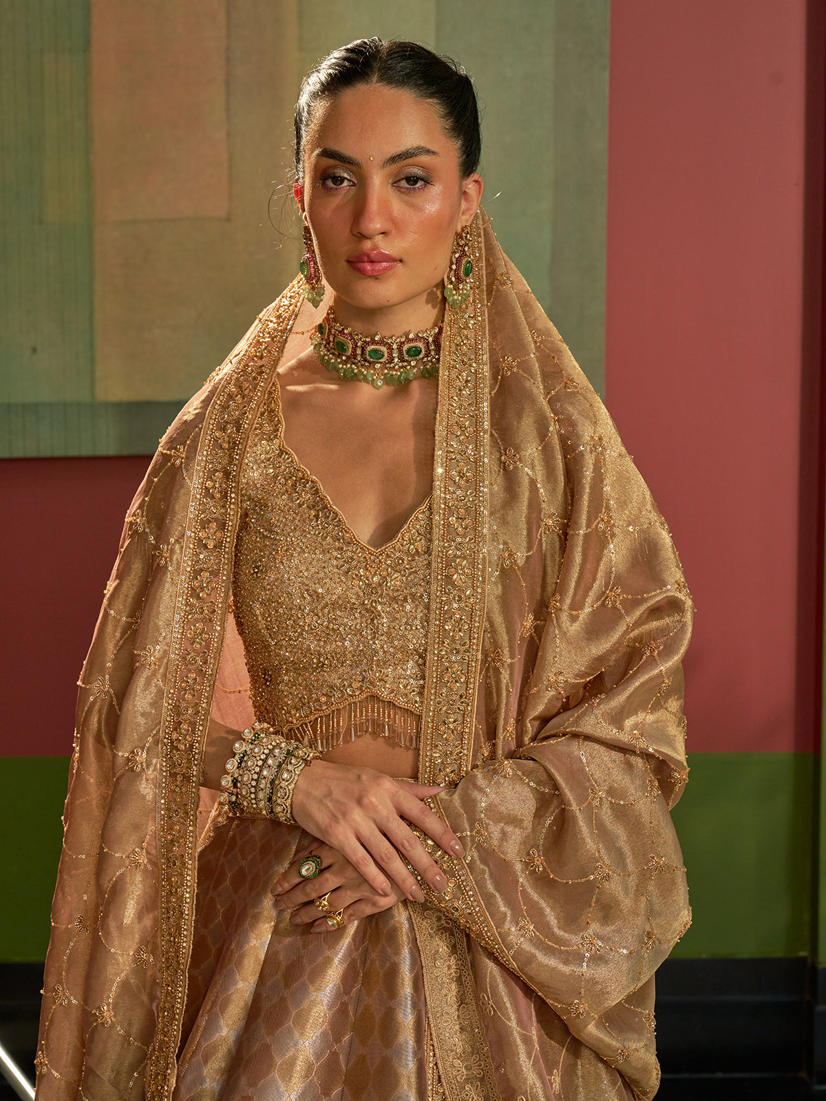 Golden silk designer lehenga choli with cutdana and sequin embellishments