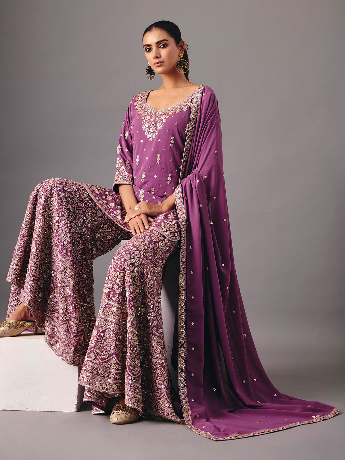 Lavender purple georgette pakistani style palazzo suit