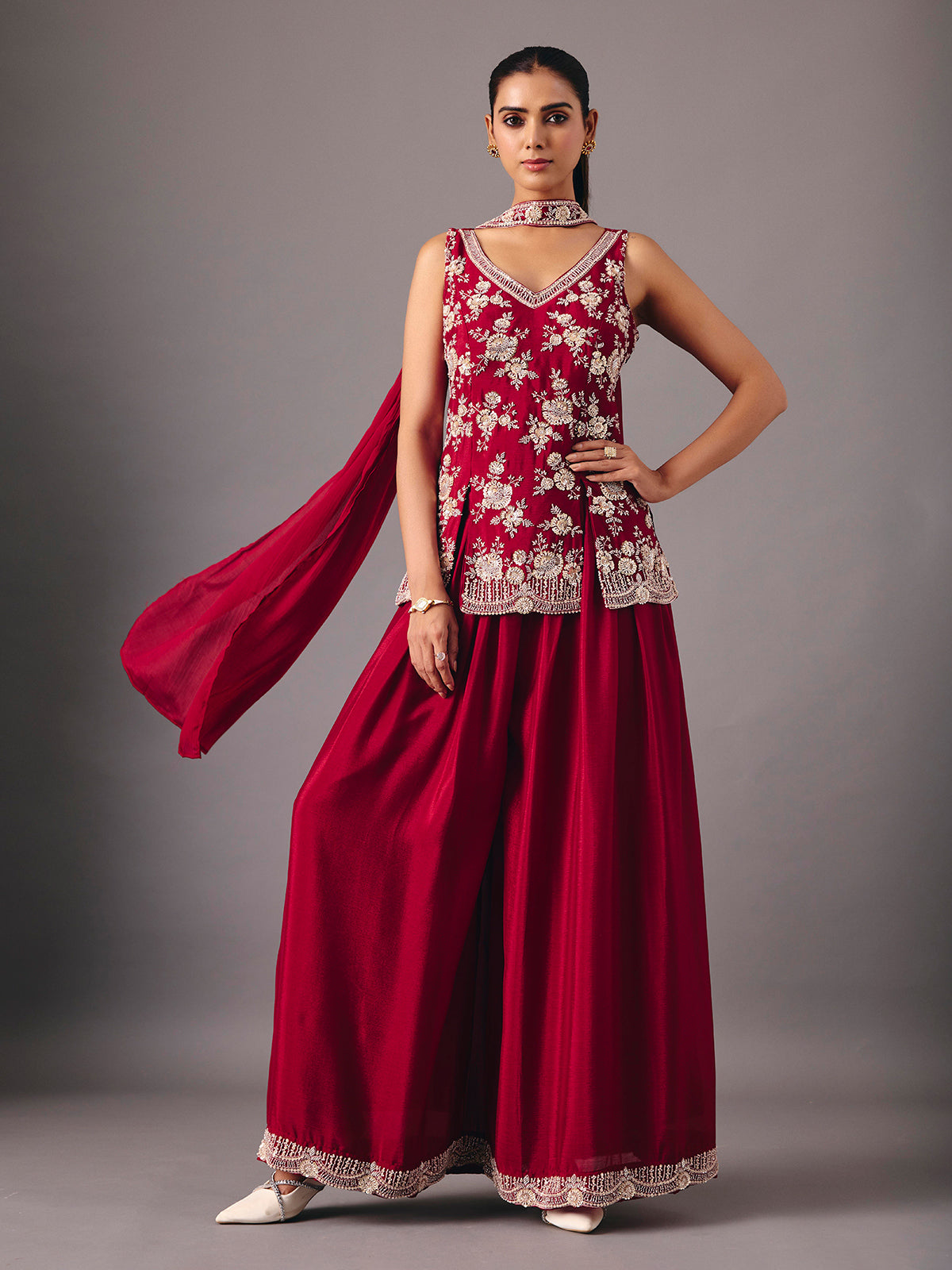 Maroon silk palazzo suit with rich festive detailing