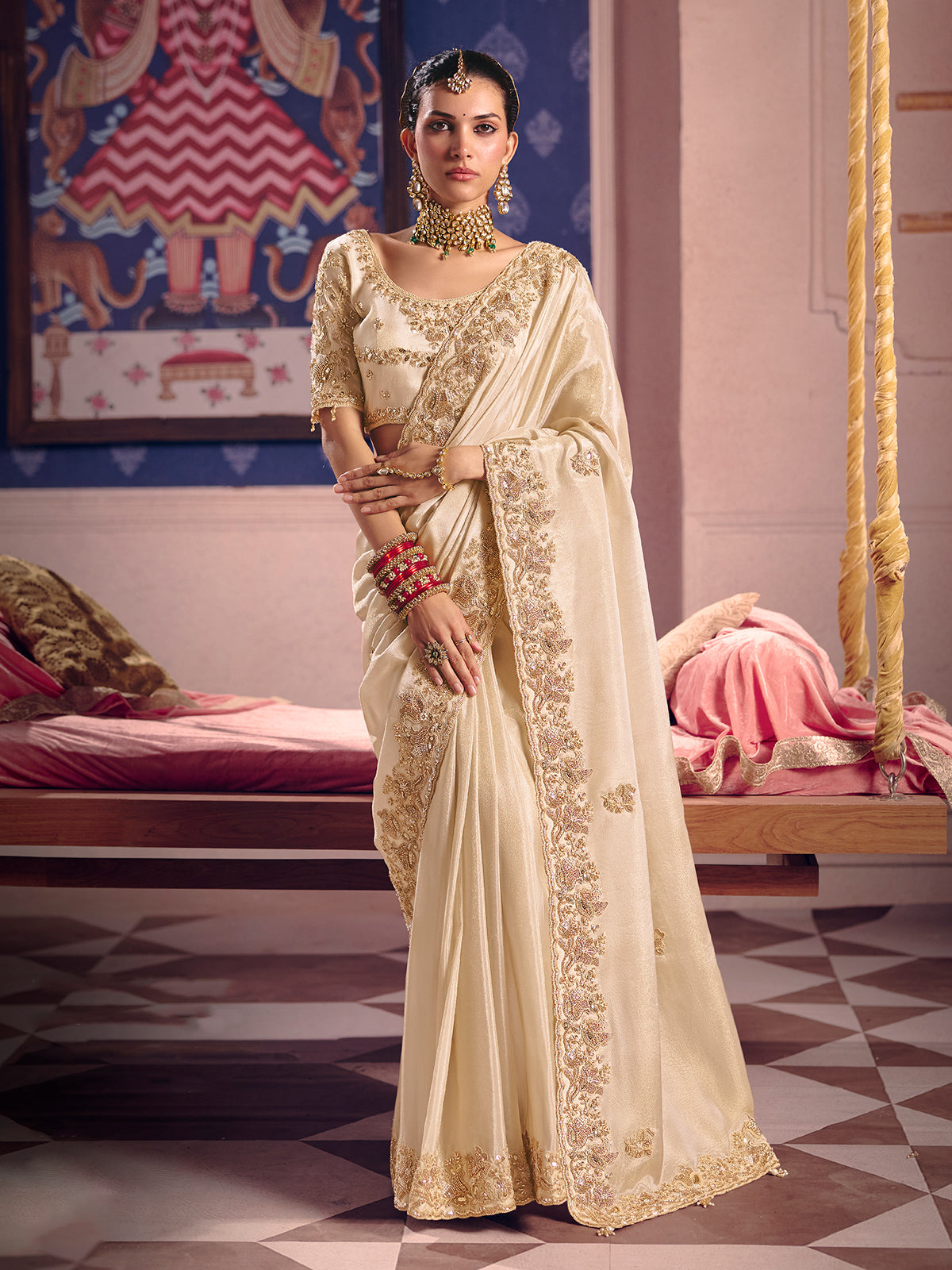 Cream viscose zari tissue saree with embellished border
