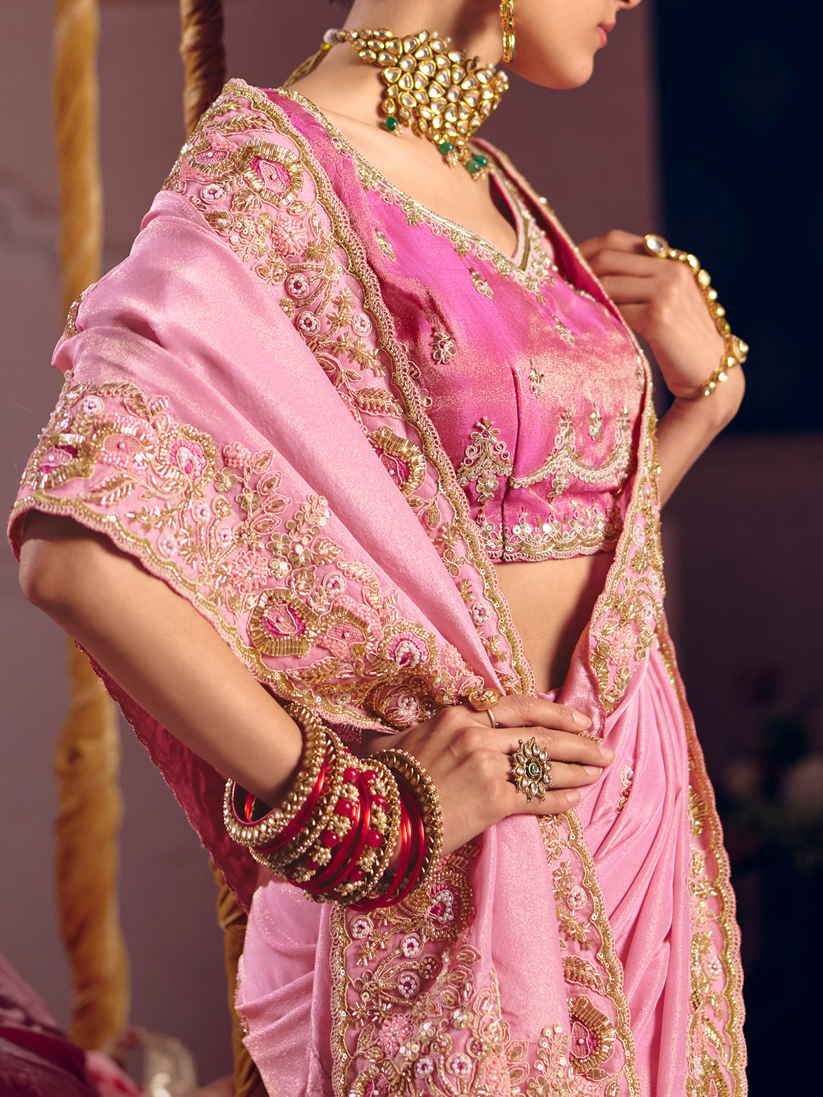 Pink viscose zari tissue saree with embellished border