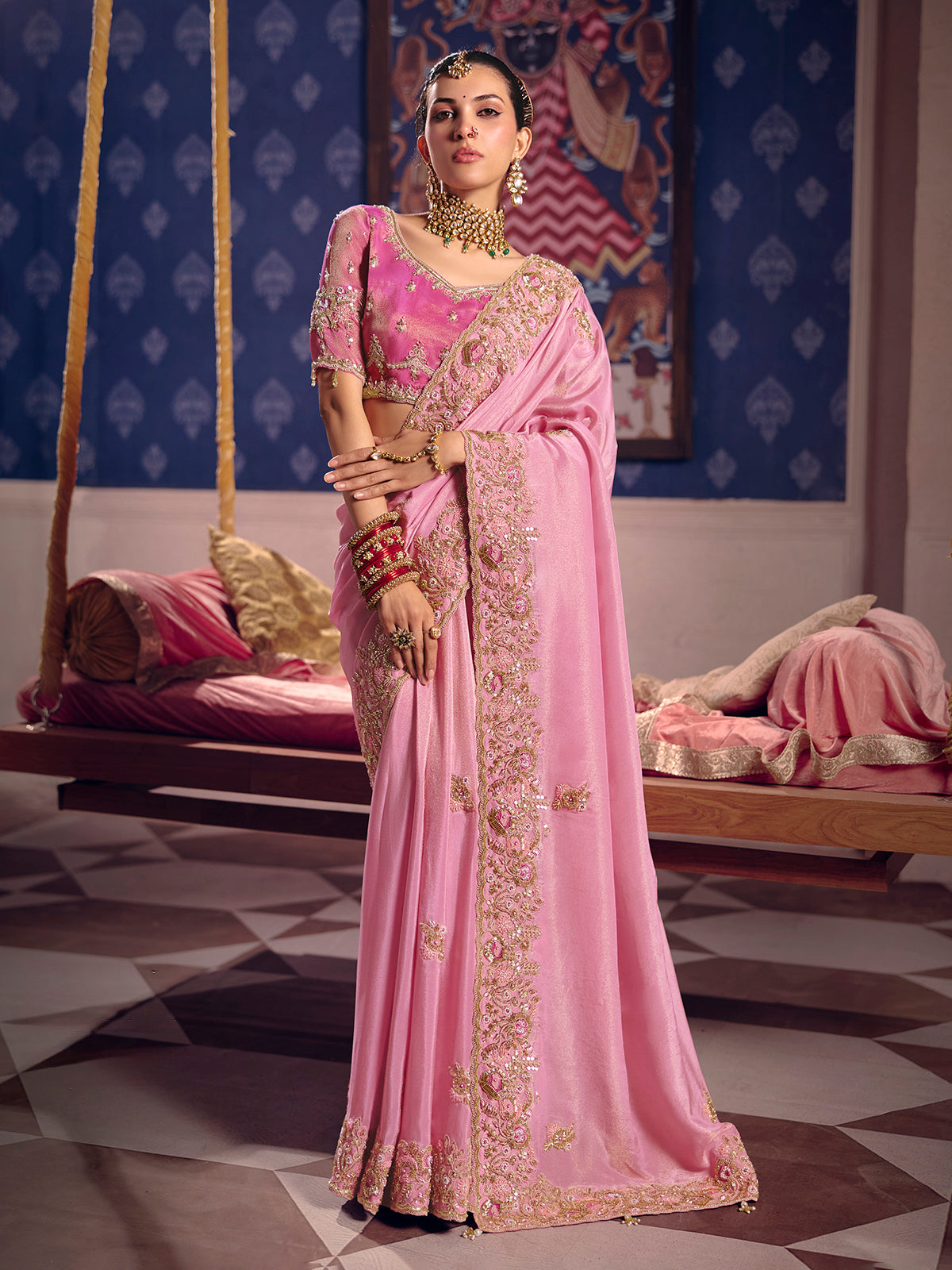 Pink viscose zari tissue saree with embellished border