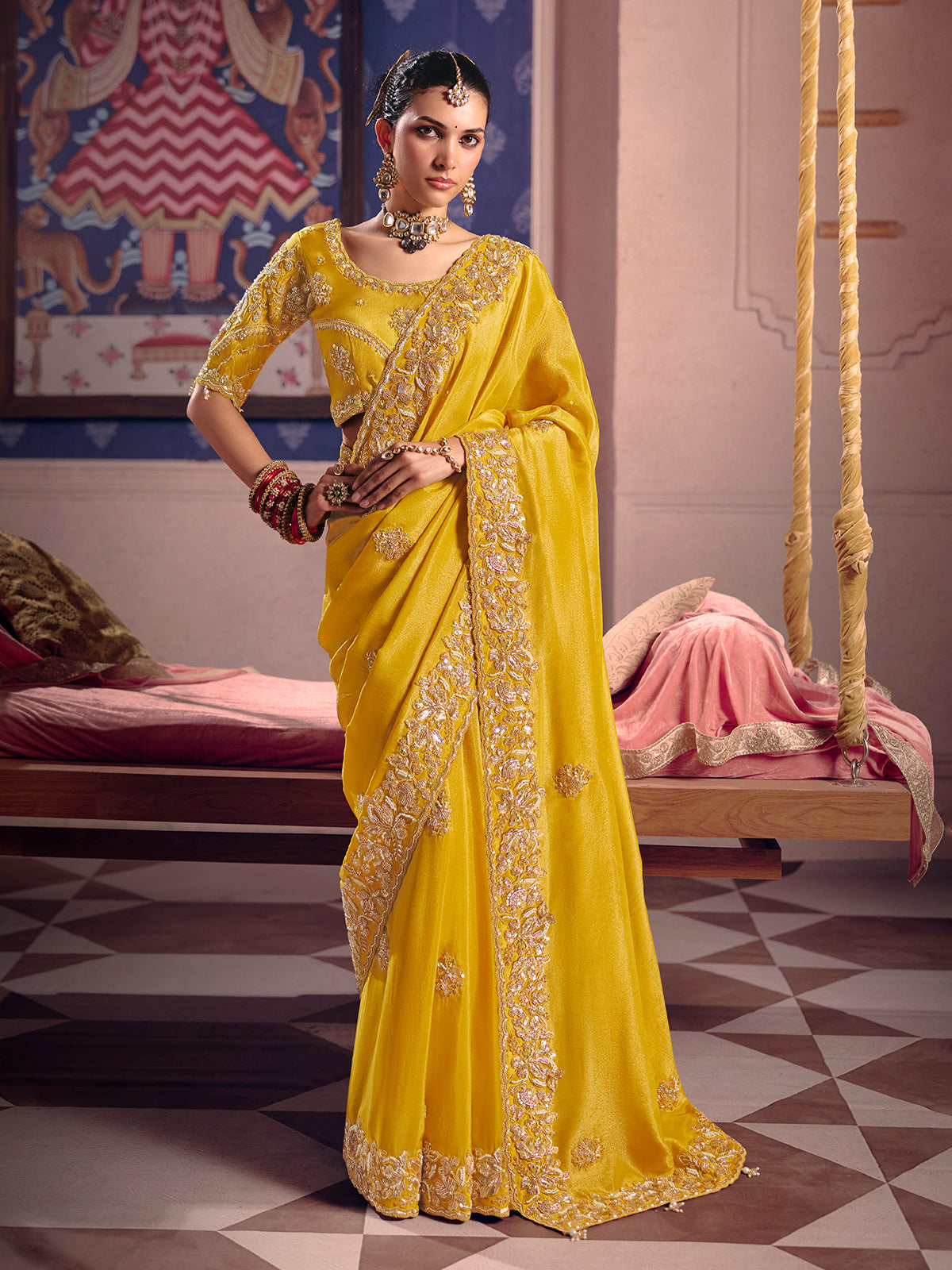 Yellow viscose zari tissue saree with embellished border
