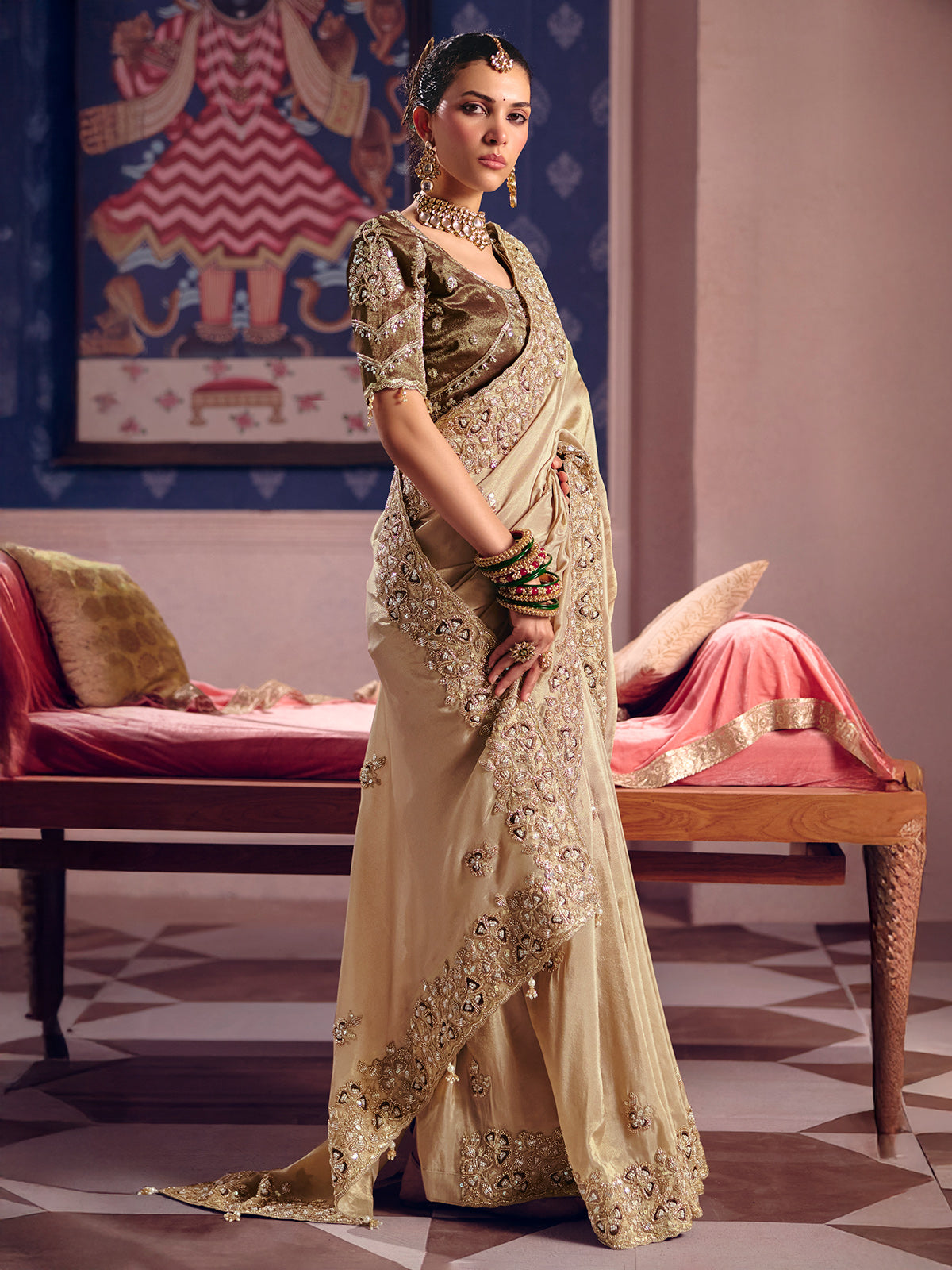 Beige viscose zari tissue saree with embellished border
