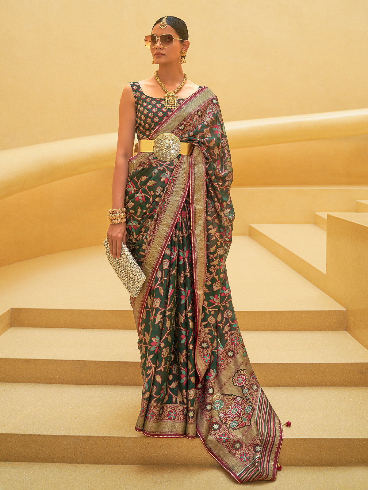 Dark green soft organza saree with zari shine