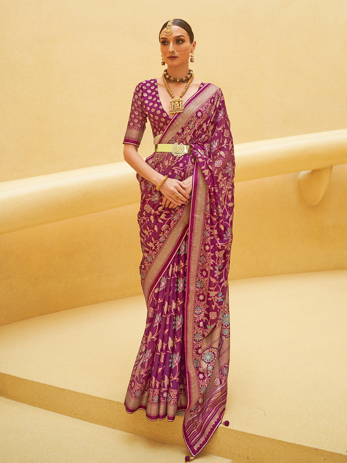 Wine soft organza saree with zari shine for festive