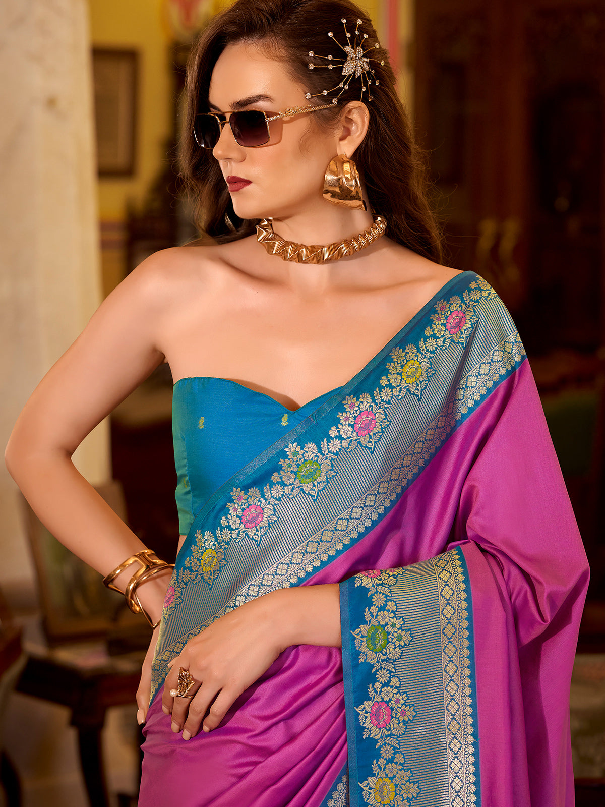 Rani pink soft silk contrast zari festive saree