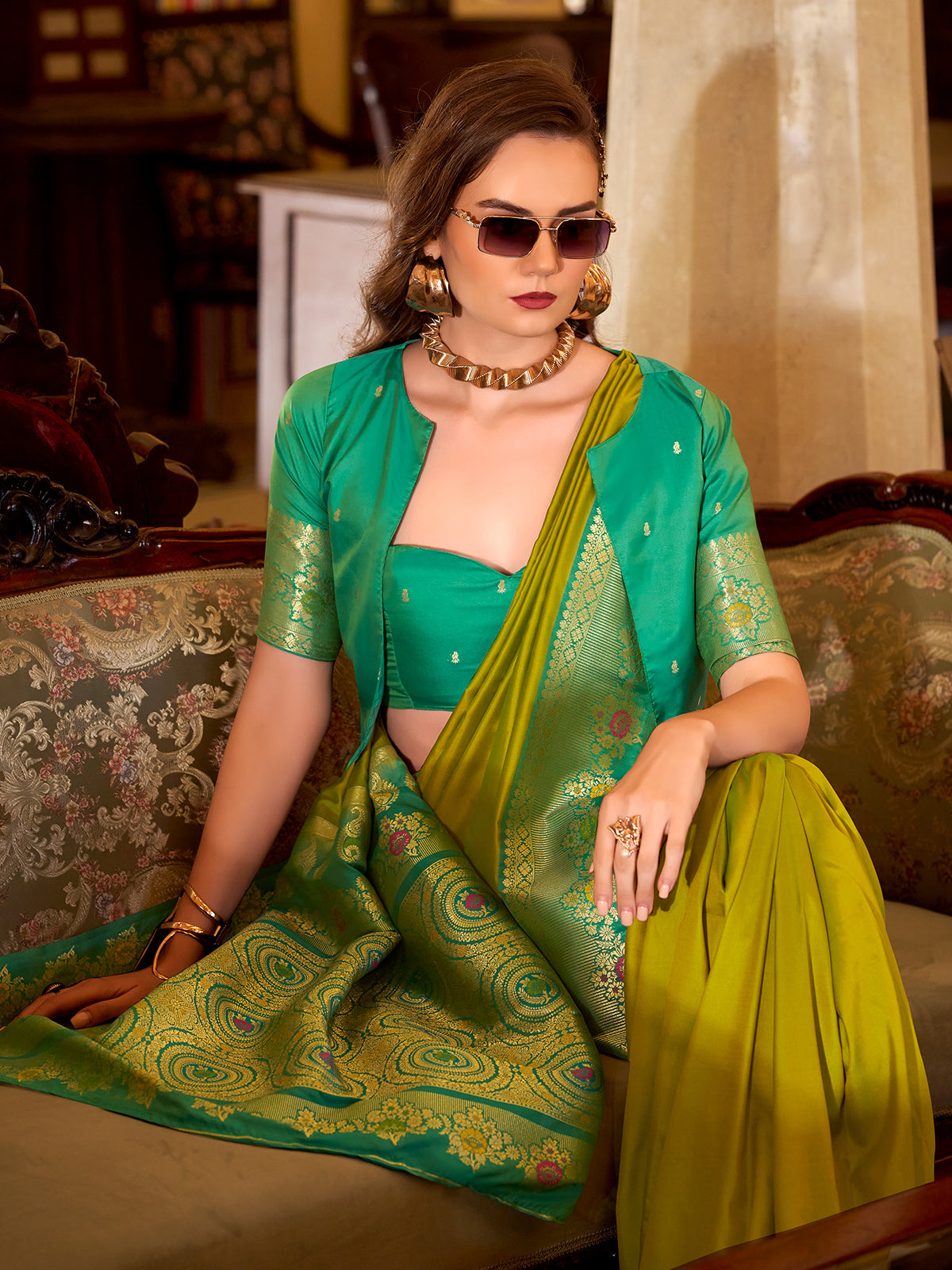 Mehendi olive soft silk zari border occasion saree