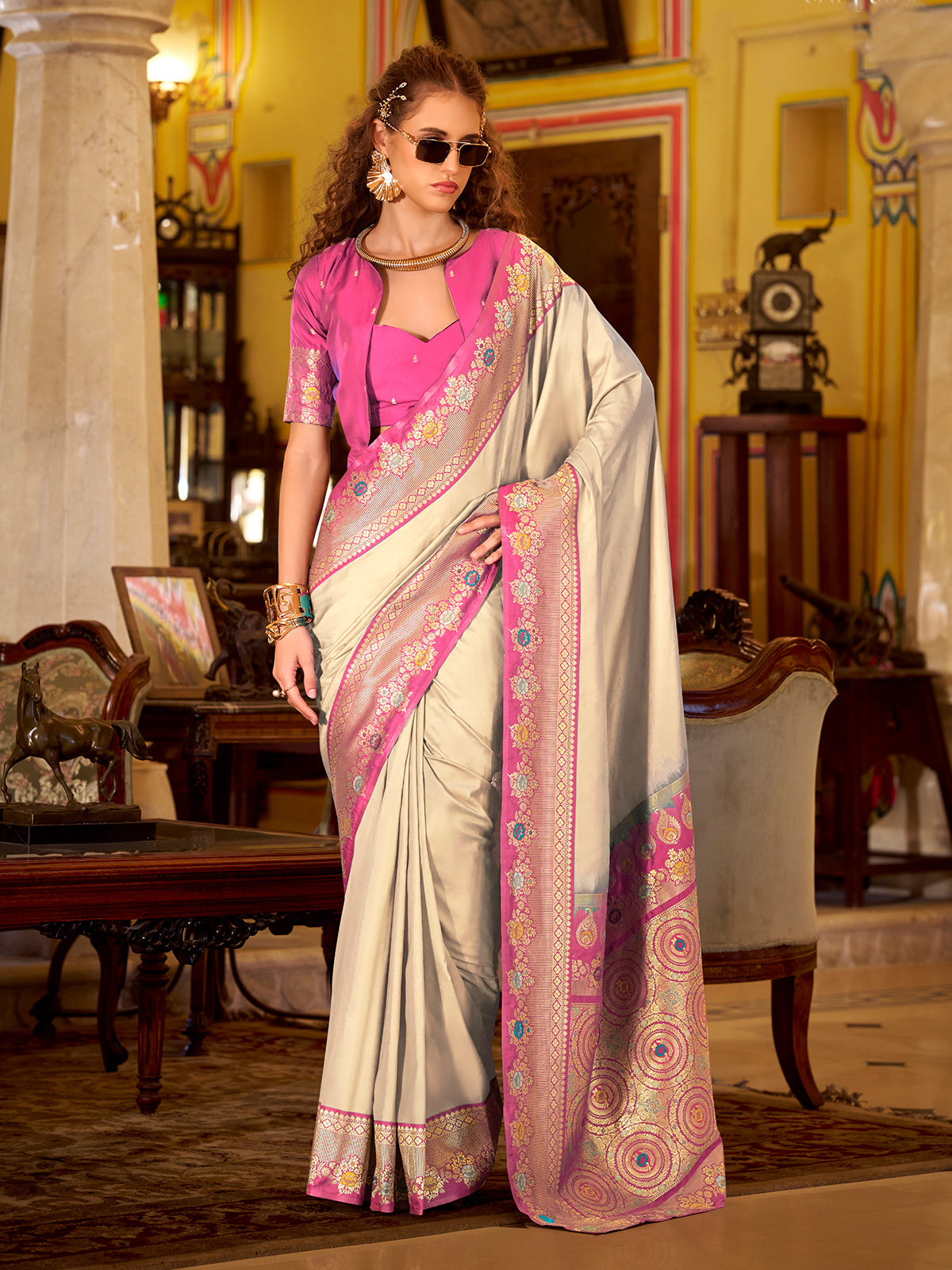 Beige soft silk contrast zari festive saree