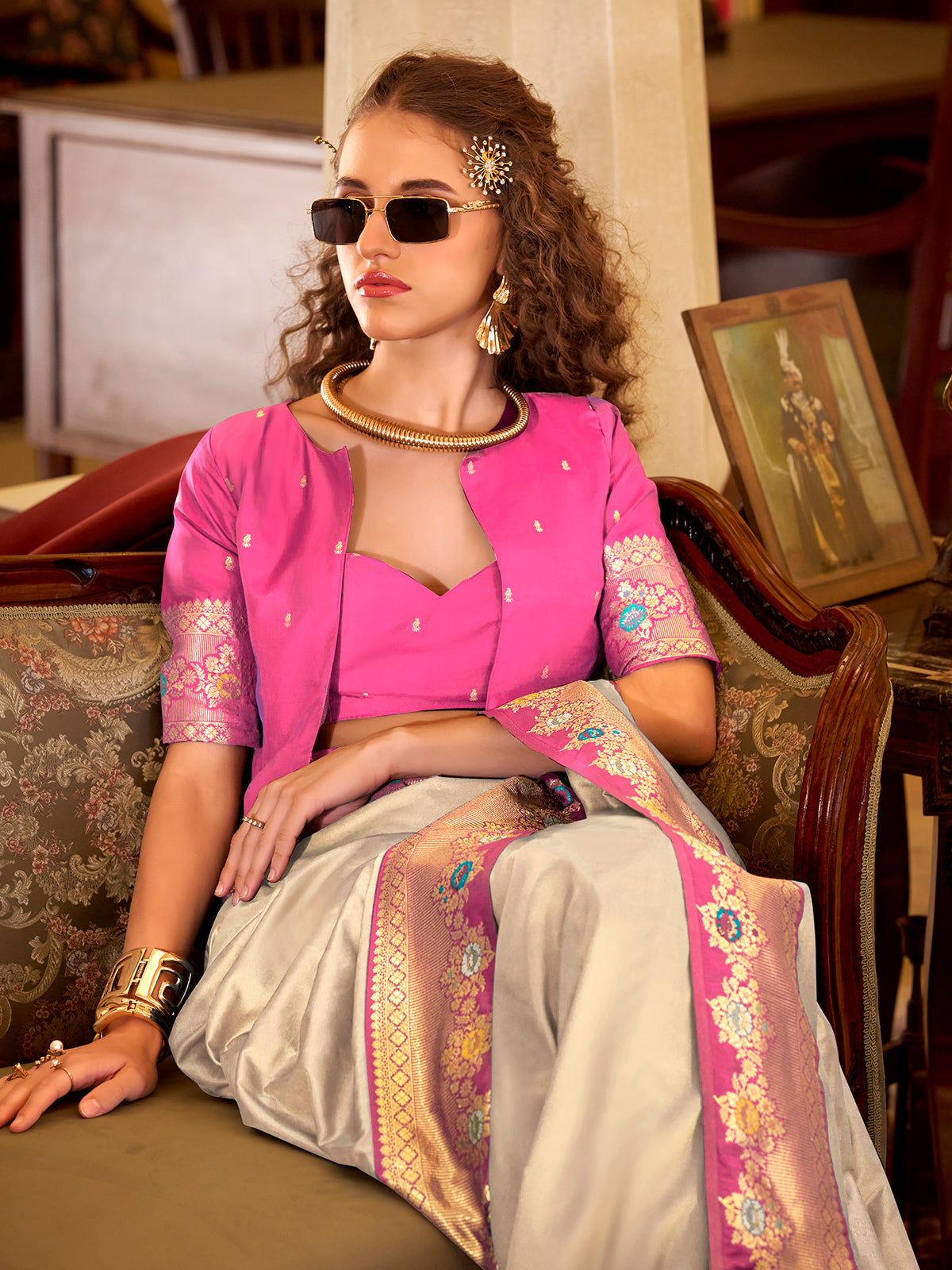 Beige soft silk contrast zari festive saree