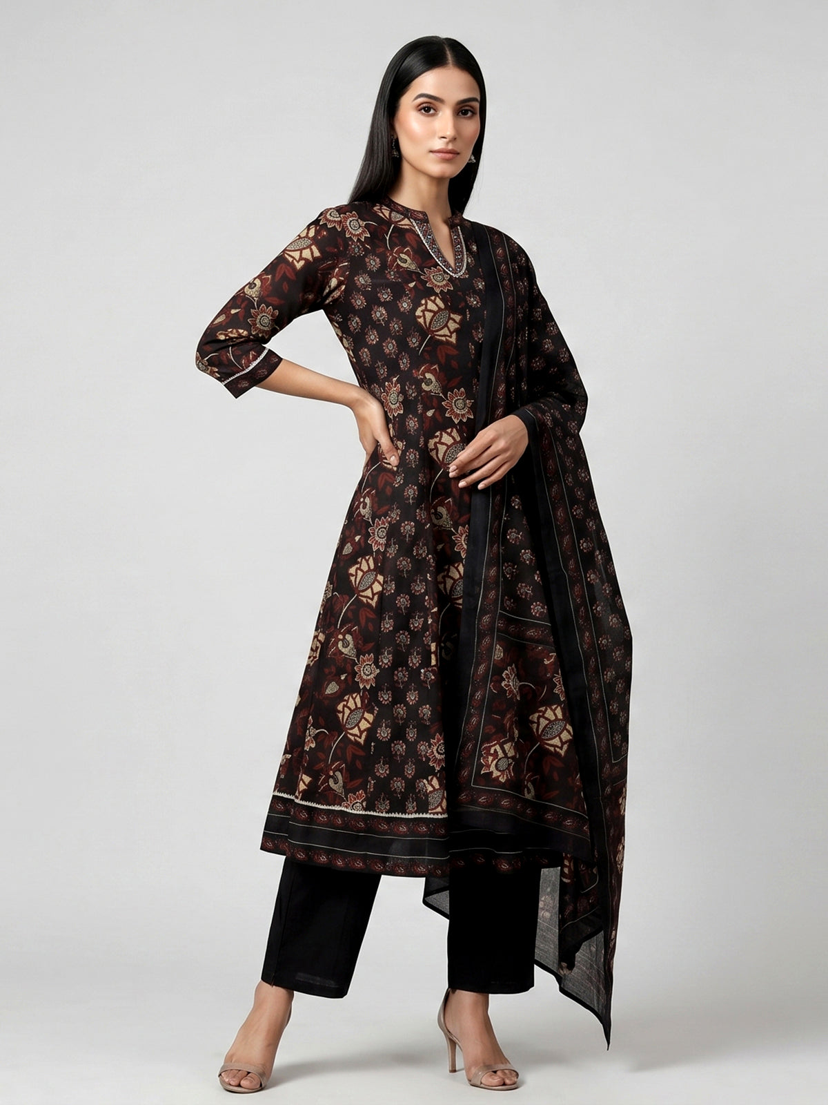 Black cotton kurti set with floral printed elegance