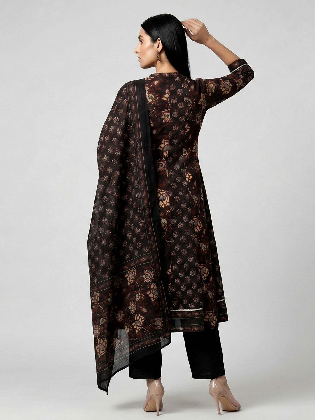 Black cotton kurti set with floral printed elegance
