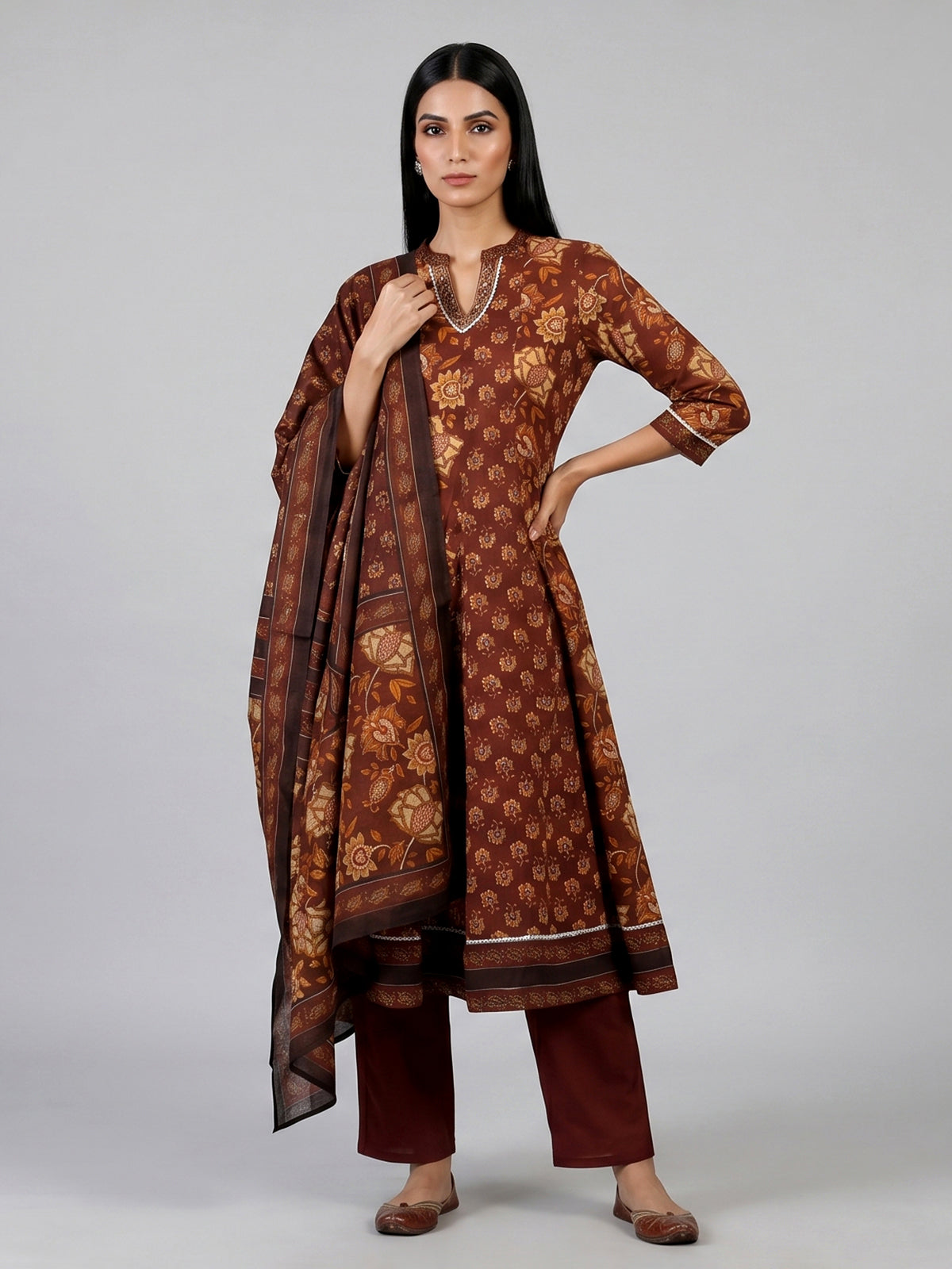 Brown cotton kurti set with floral printed charm