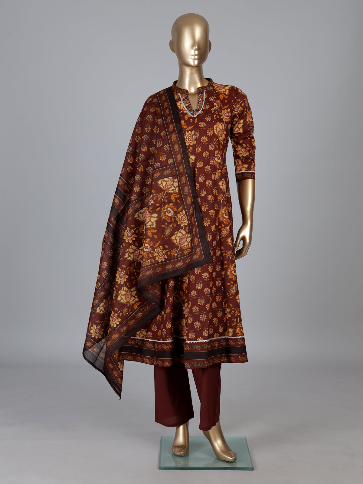 Brown cotton kurti set with floral printed charm