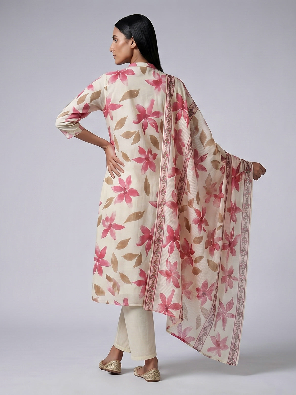 Off white cotton kurti set with pink floral print