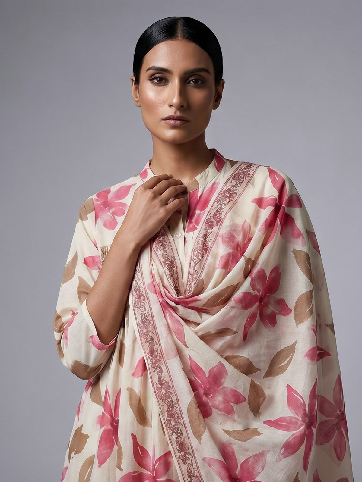 Off white cotton kurti set with pink floral print
