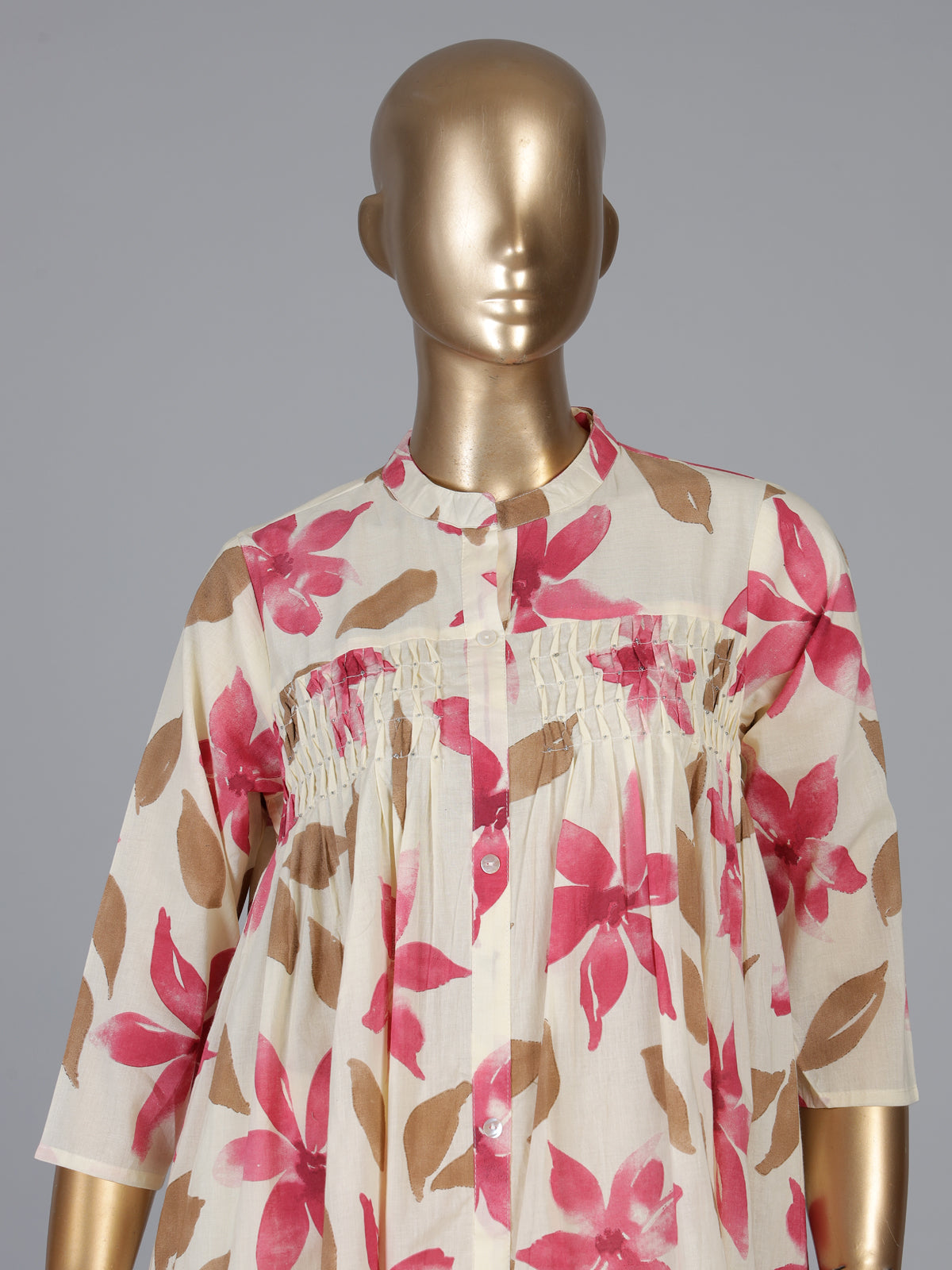 Off white cotton kurti set with pink floral print