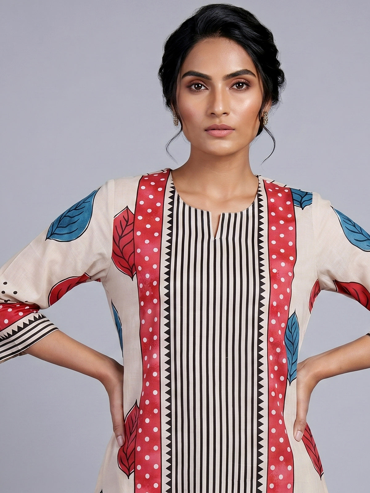 Beige silk straight cut kurti set with print