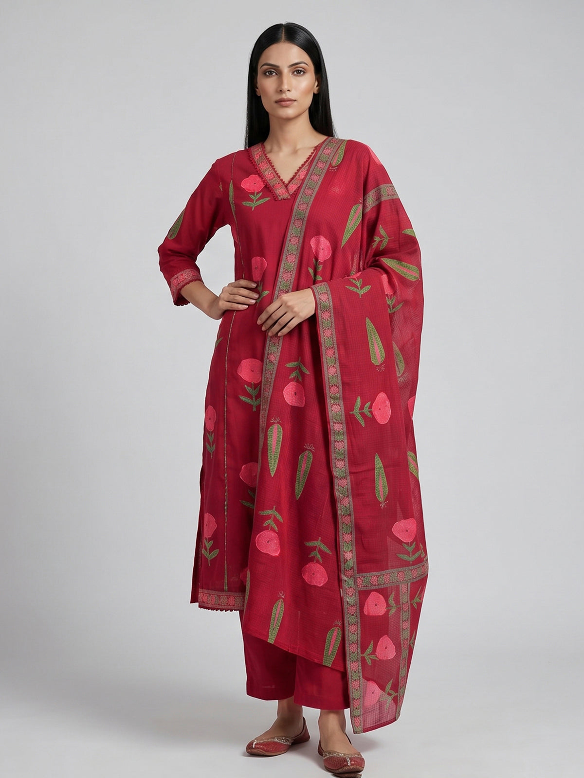 Maroon cotton kurti set with floral printed design