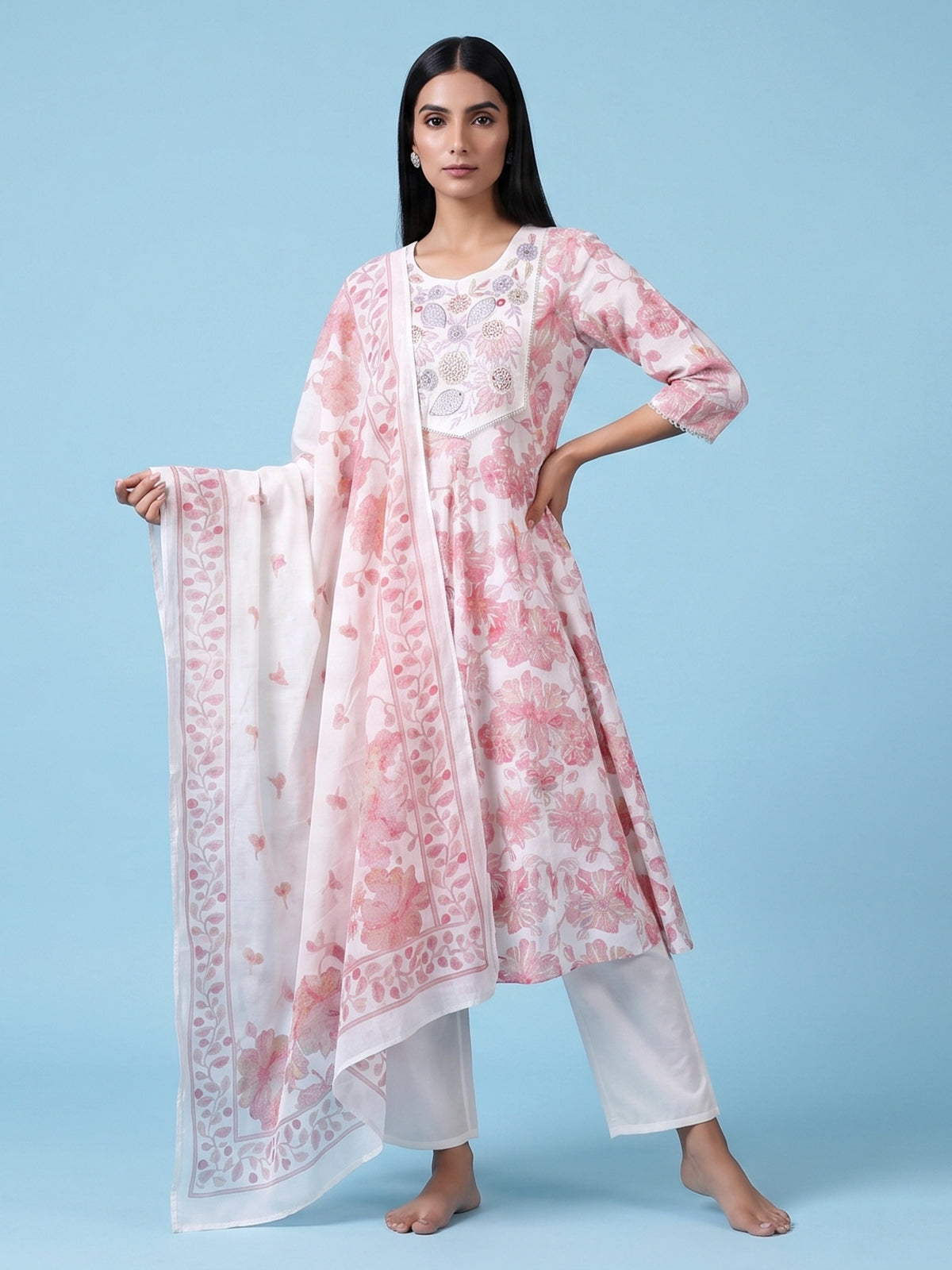 White cotton linen kurti set with floral yoke