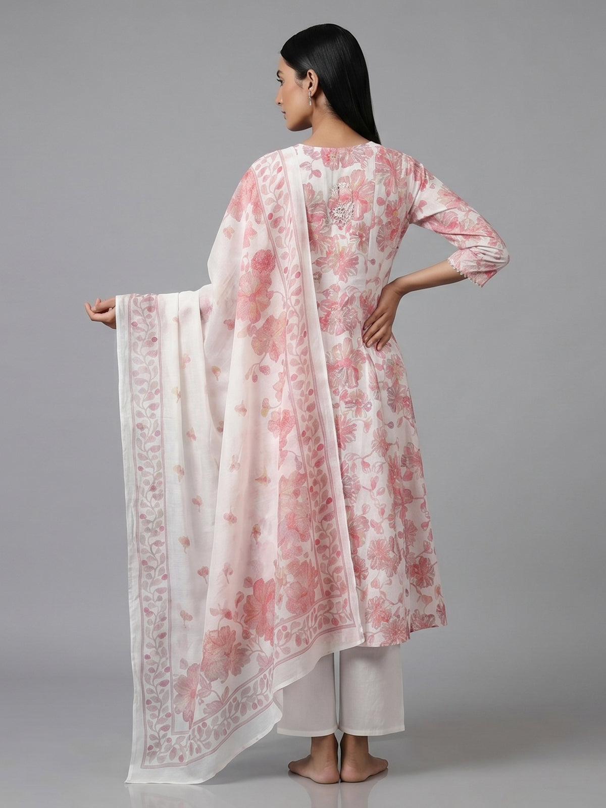 White cotton linen kurti set with floral yoke