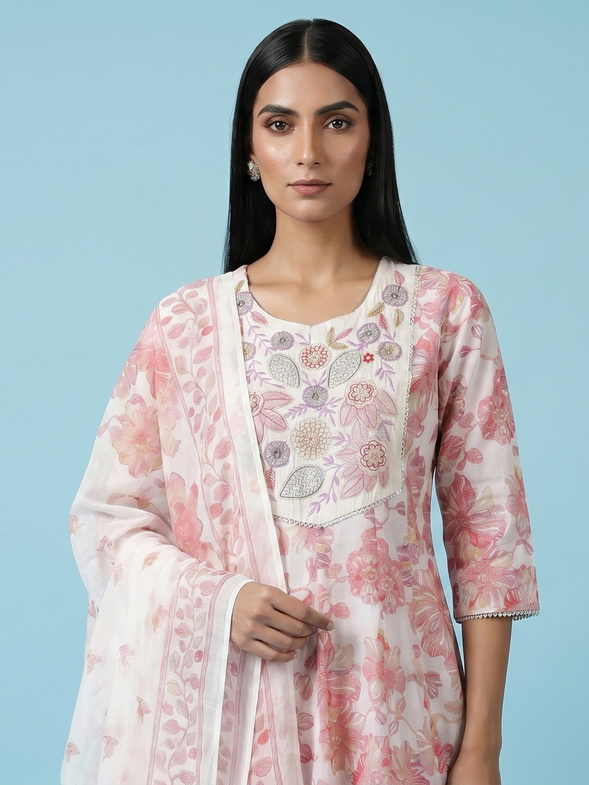 White cotton linen kurti set with floral yoke