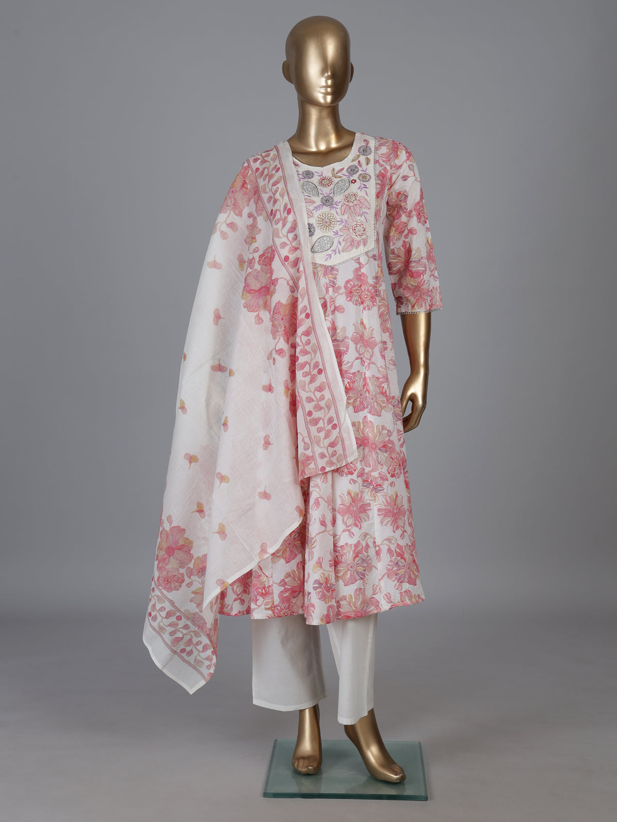 White cotton linen kurti set with floral yoke