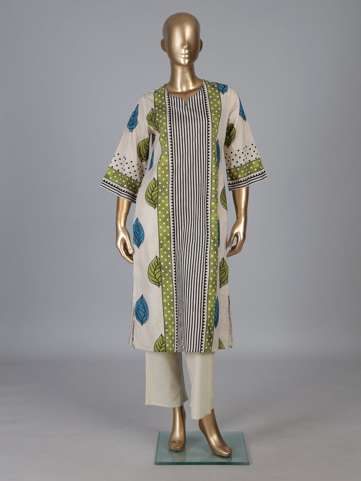 Beige silk straight cut kurti set with print for women