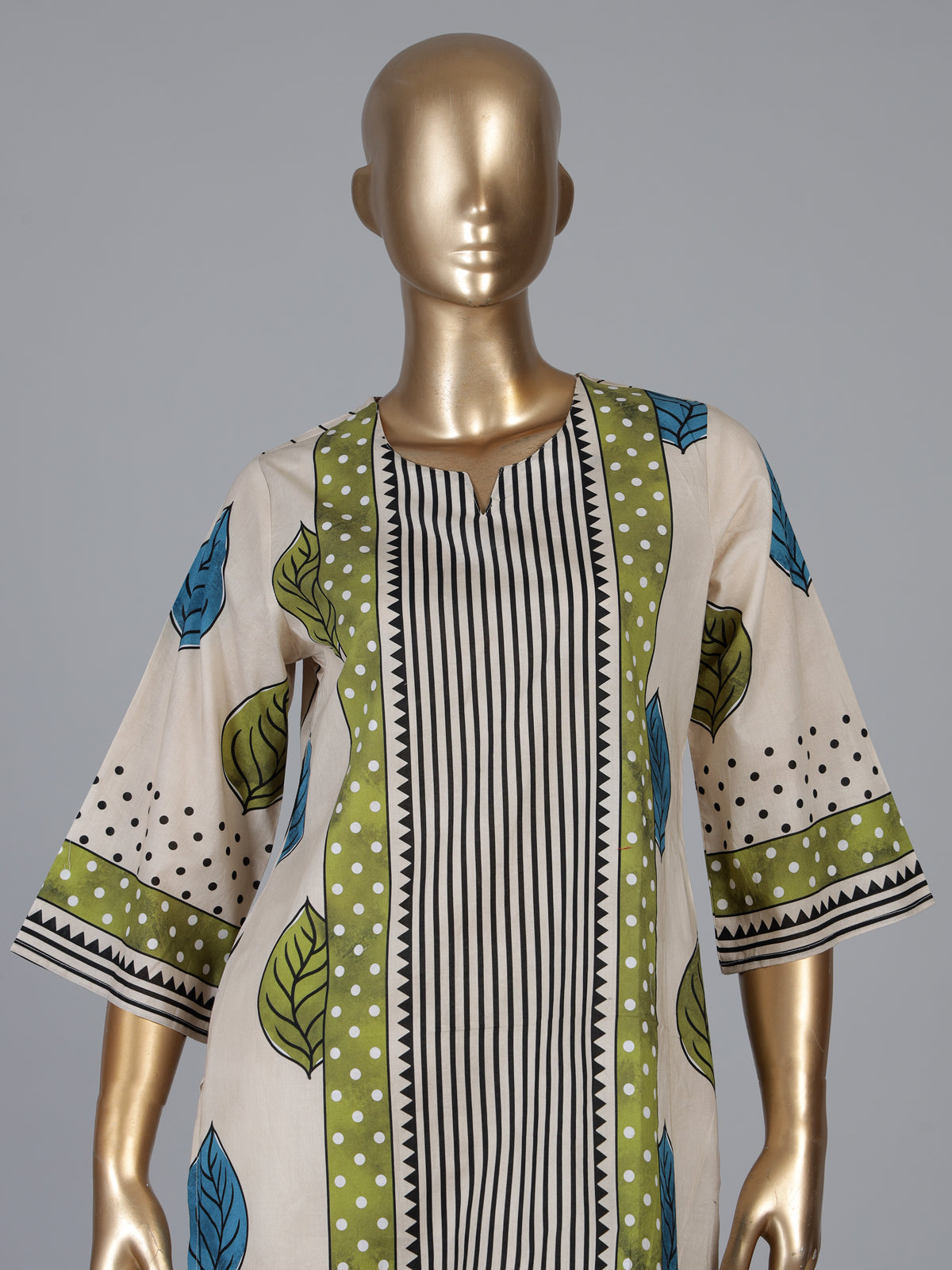 Beige silk straight cut kurti set with print for women