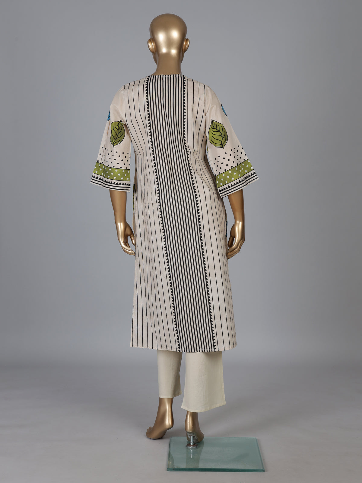 Beige silk straight cut kurti set with print for women
