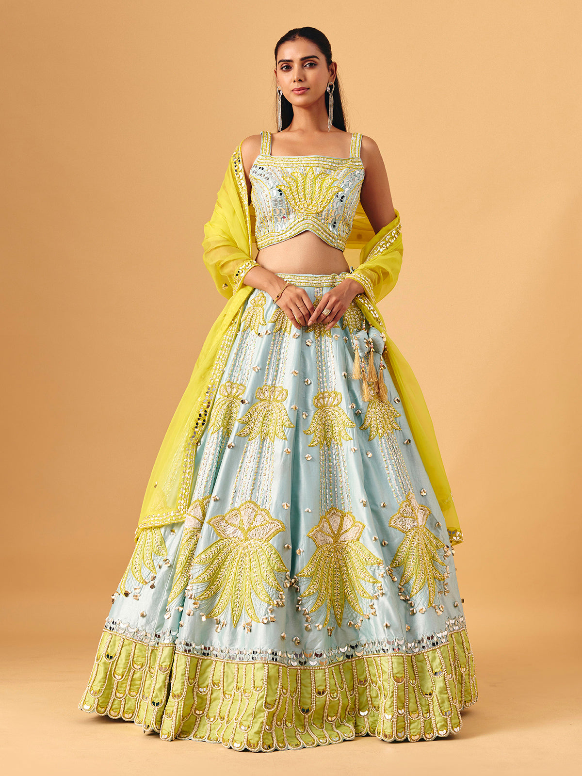 Mint blue yellow silk lehenga choli with mirror accents