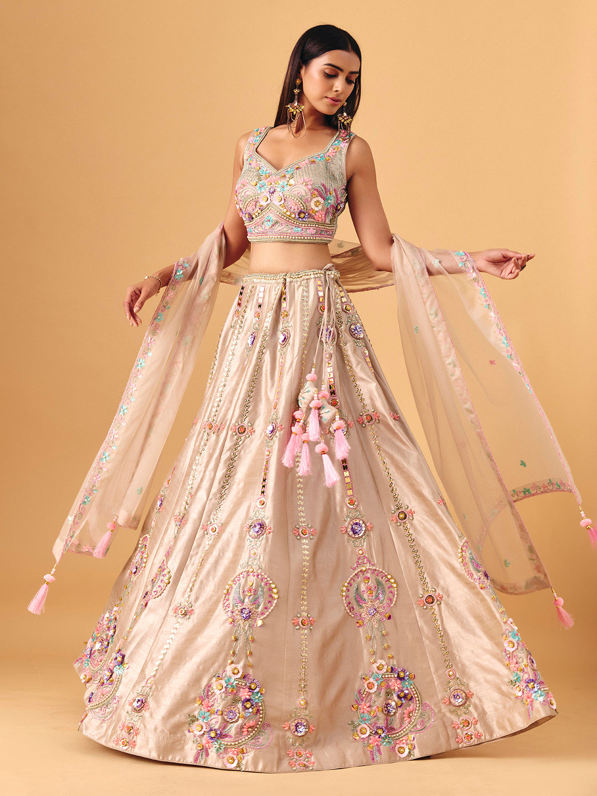 Beige silk lehenga choli with pearls and sequin elegance
