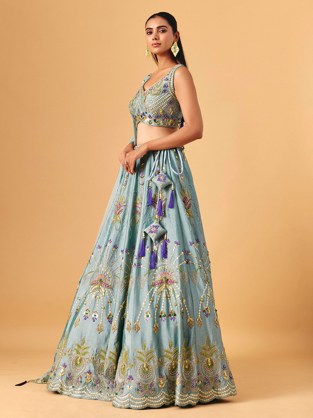 Light grey raw silk lehenga choli with zardosi accents