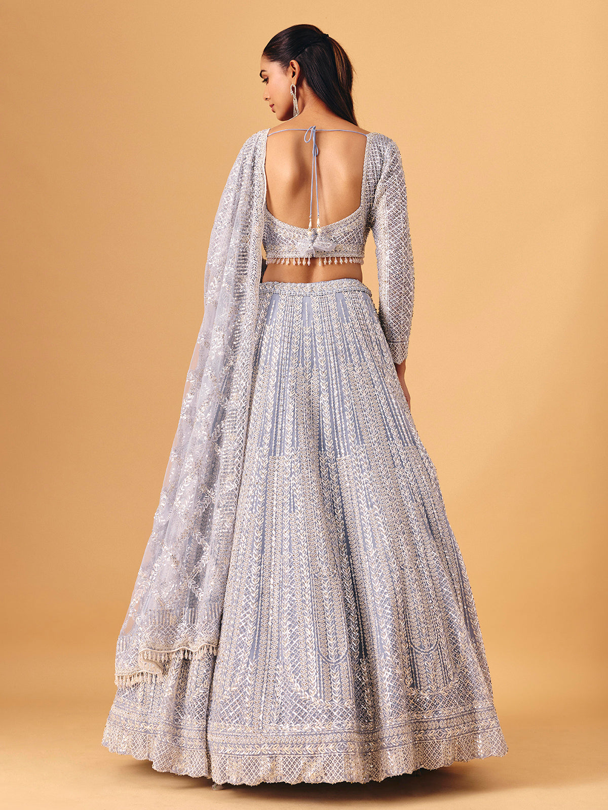 Powder blue net lehenga choli with shimmering embellished elegance