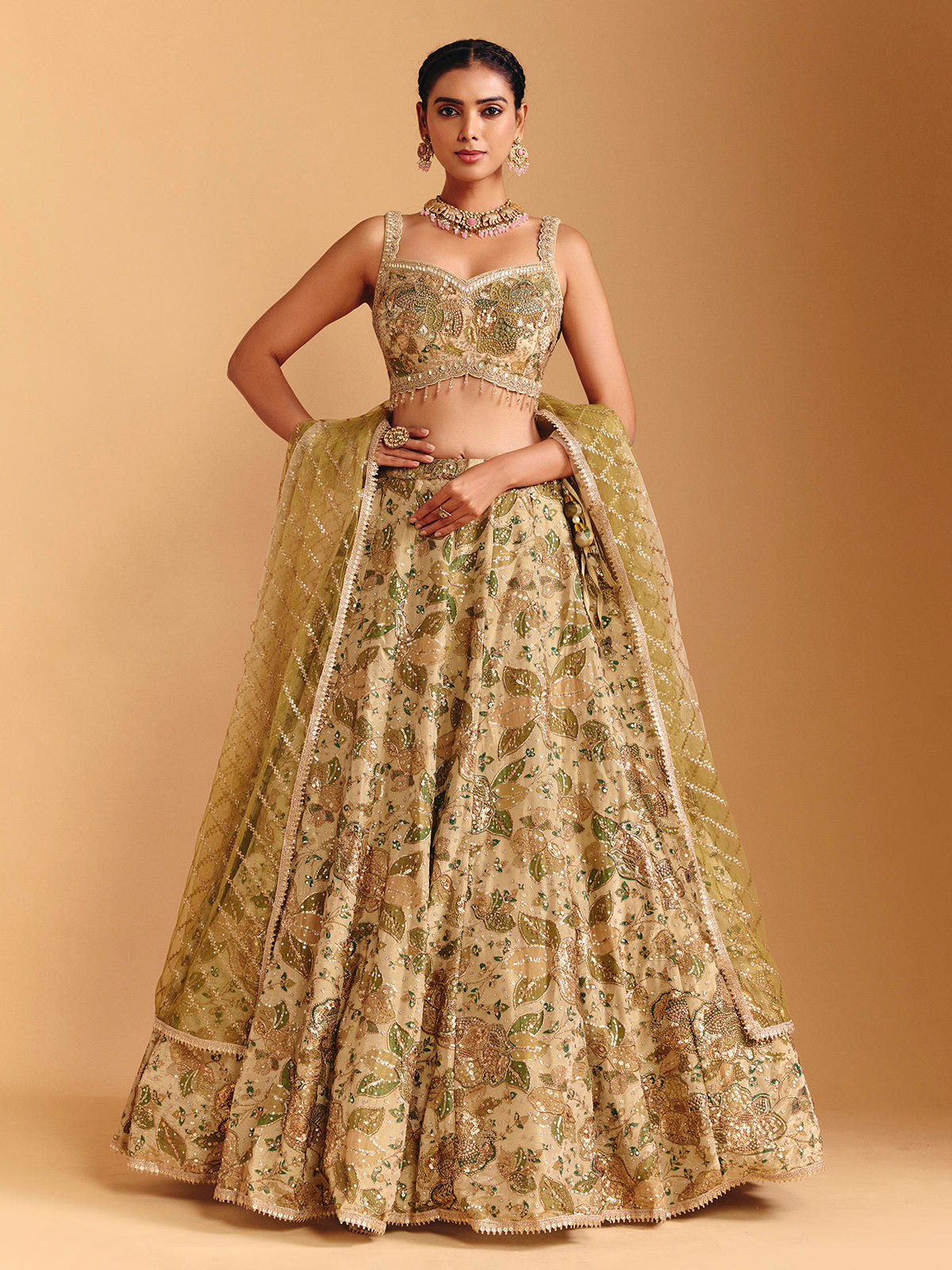 Mehendi green silk lehenga choli with sequin embellishments