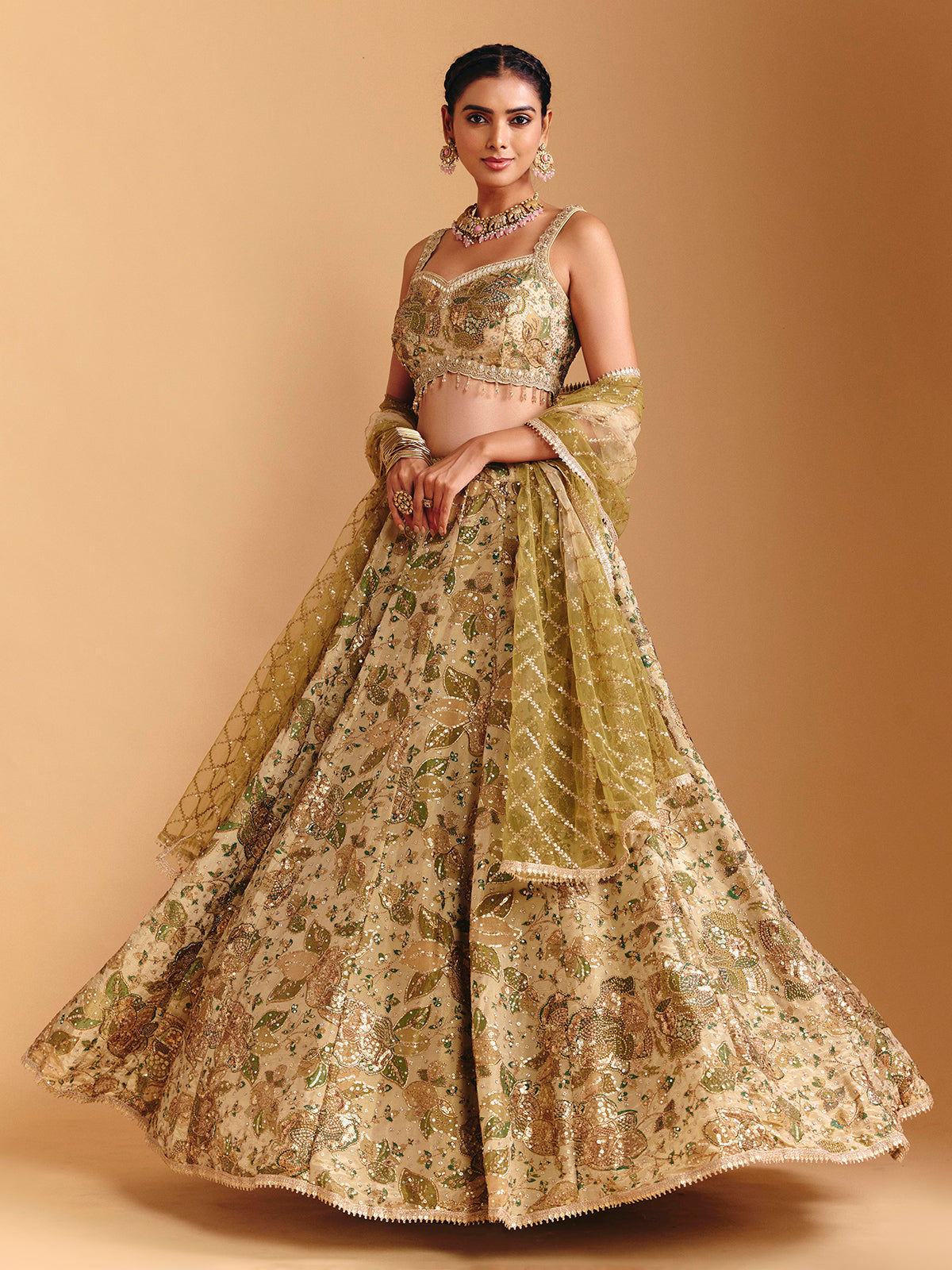 Mehendi green silk lehenga choli with sequin embellishments