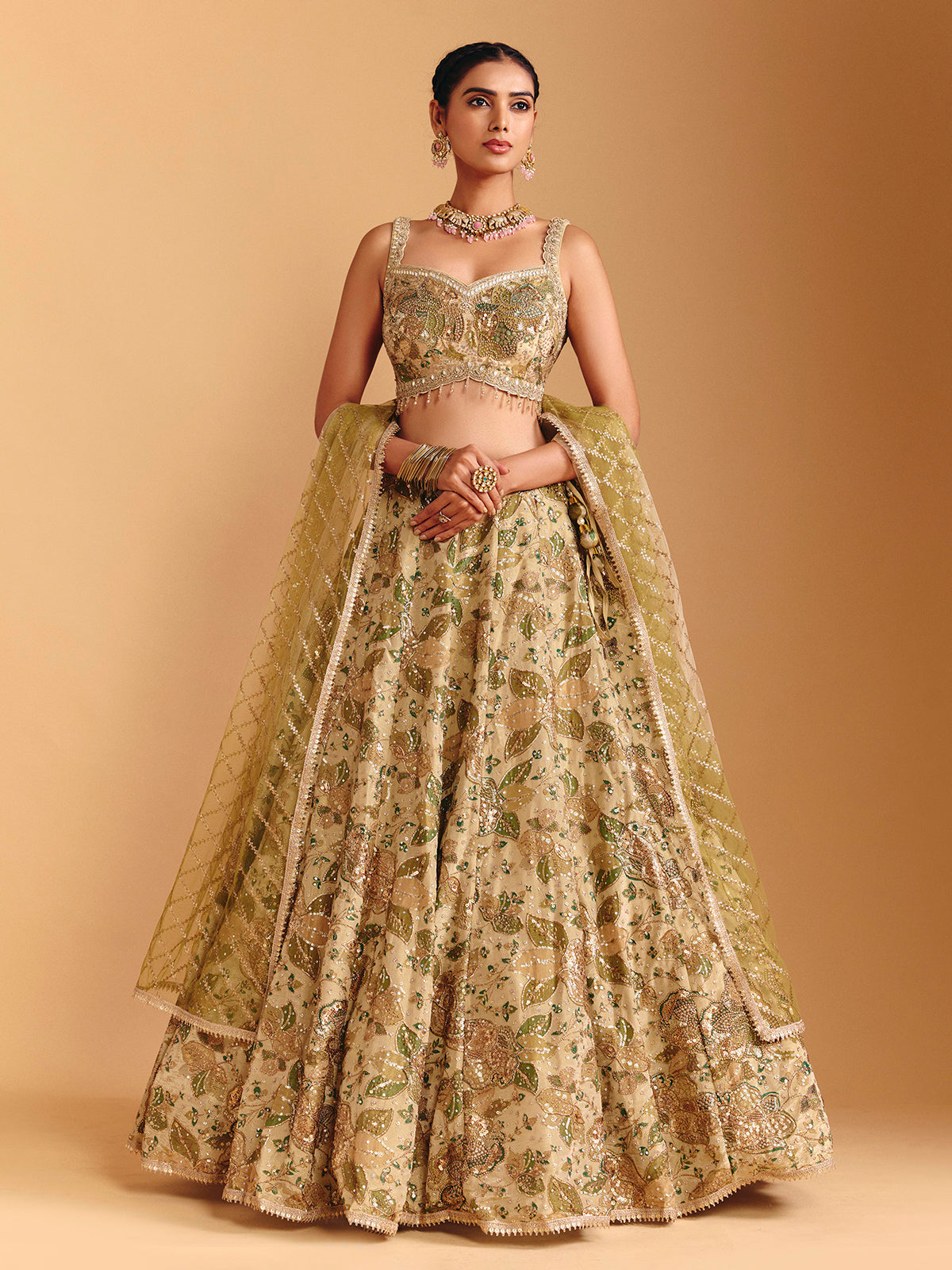 Mehendi green silk lehenga choli with sequin embellishments