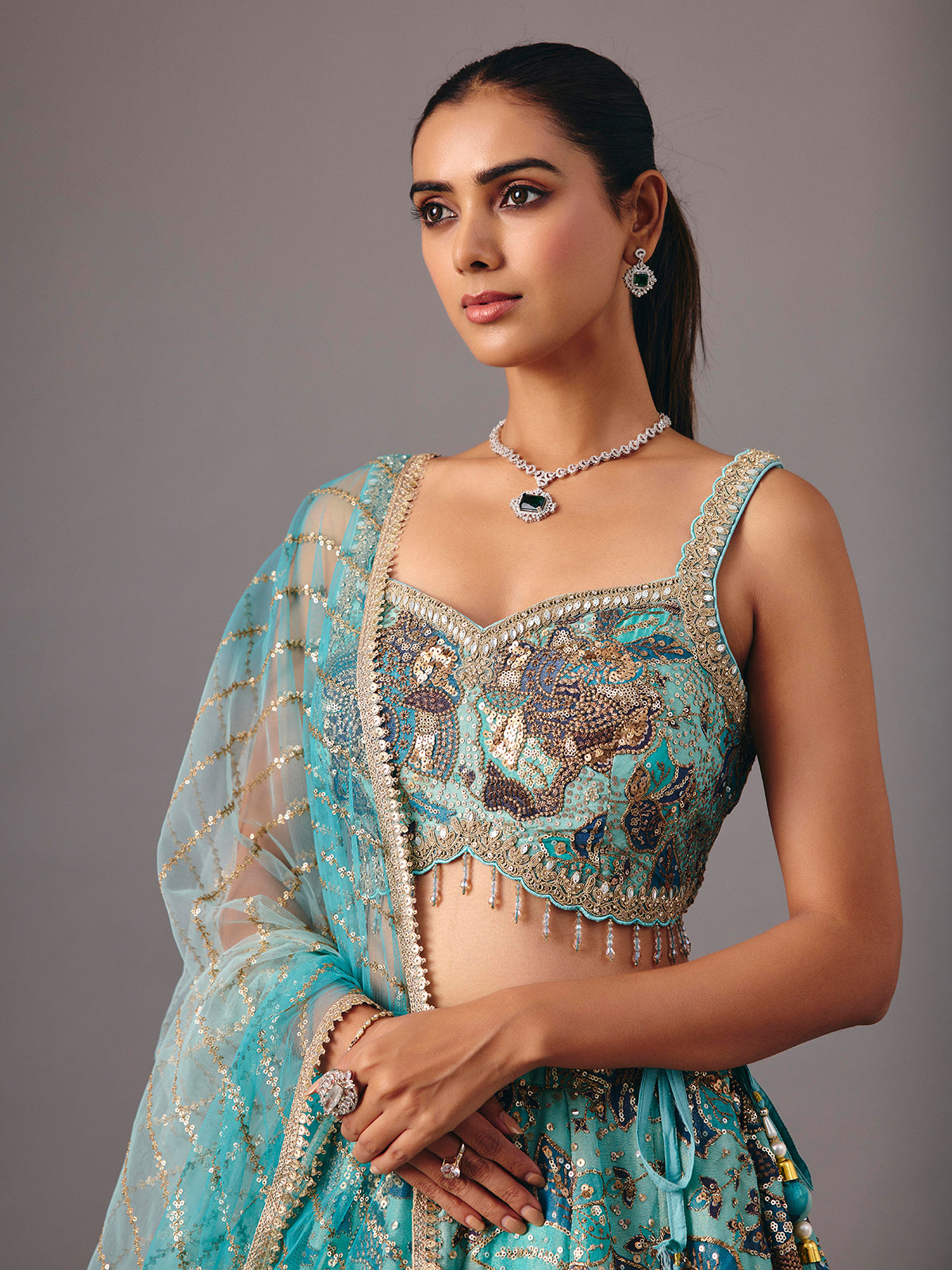 Sky blue georgette silk lehenga choli with sequin detailing
