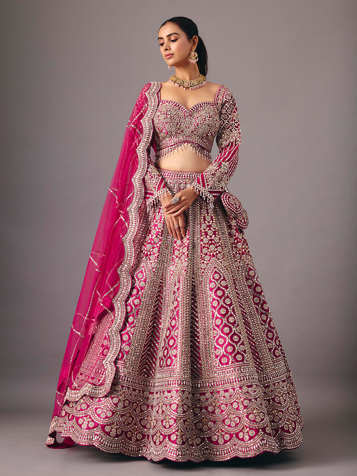 Dark purple silk lehenga choli with mirror and pearl work