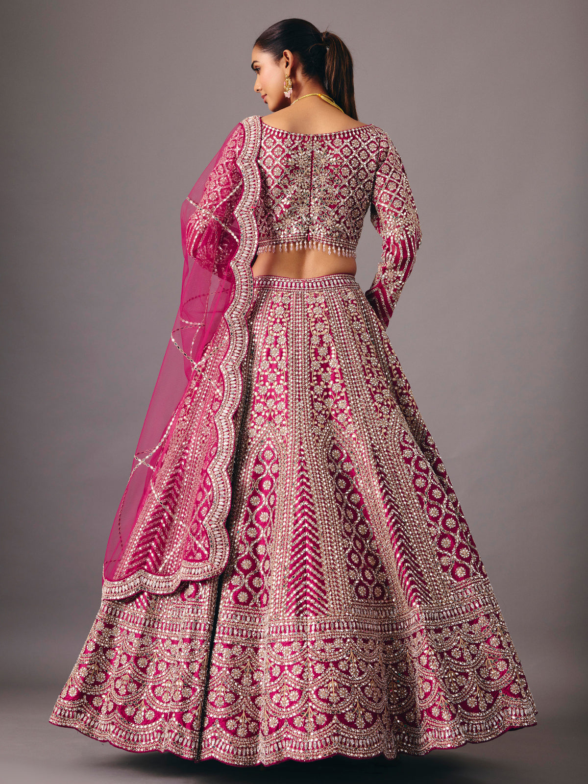 Dark purple silk lehenga choli with mirror and pearl work
