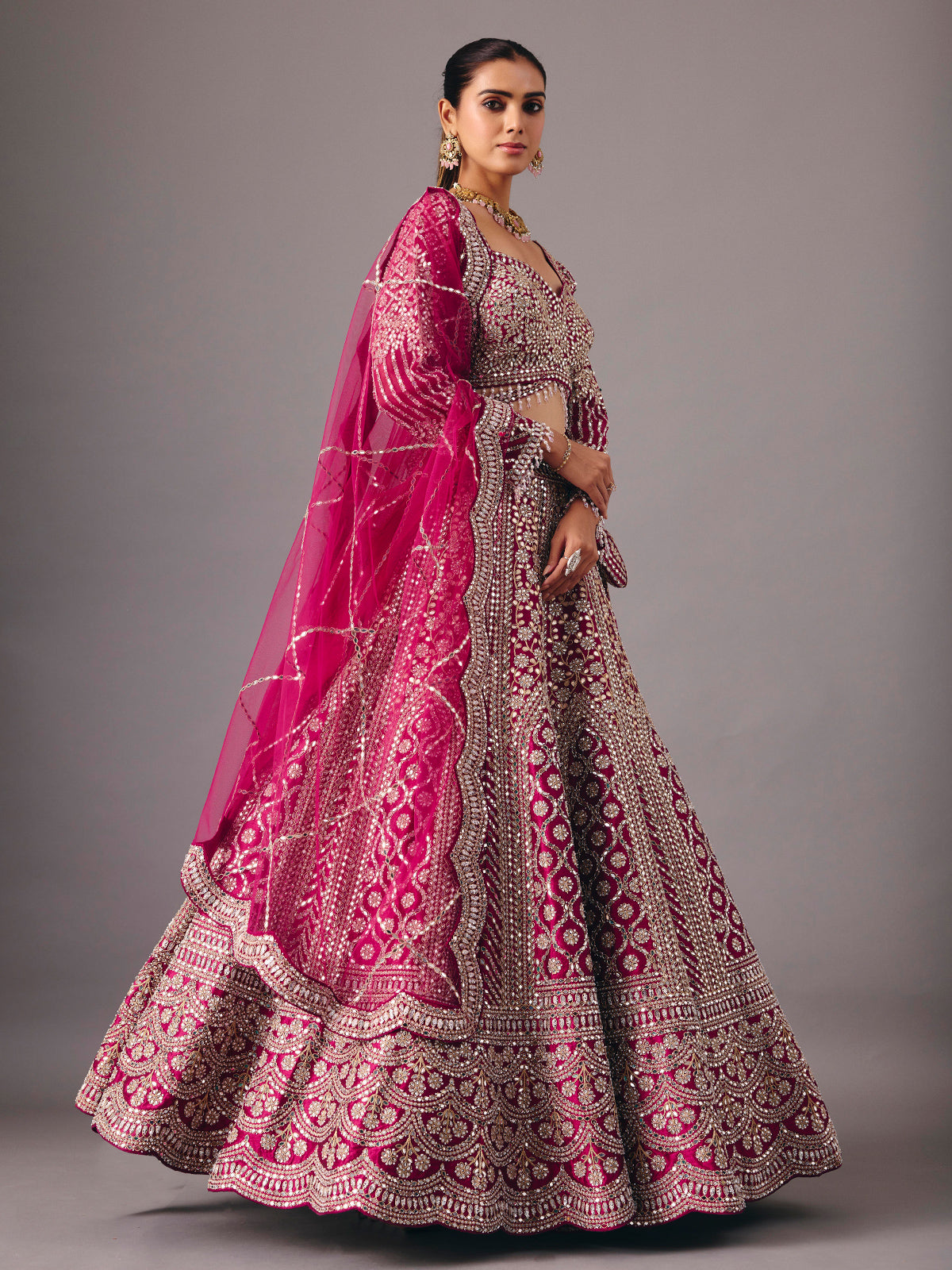 Dark purple silk lehenga choli with mirror and pearl work