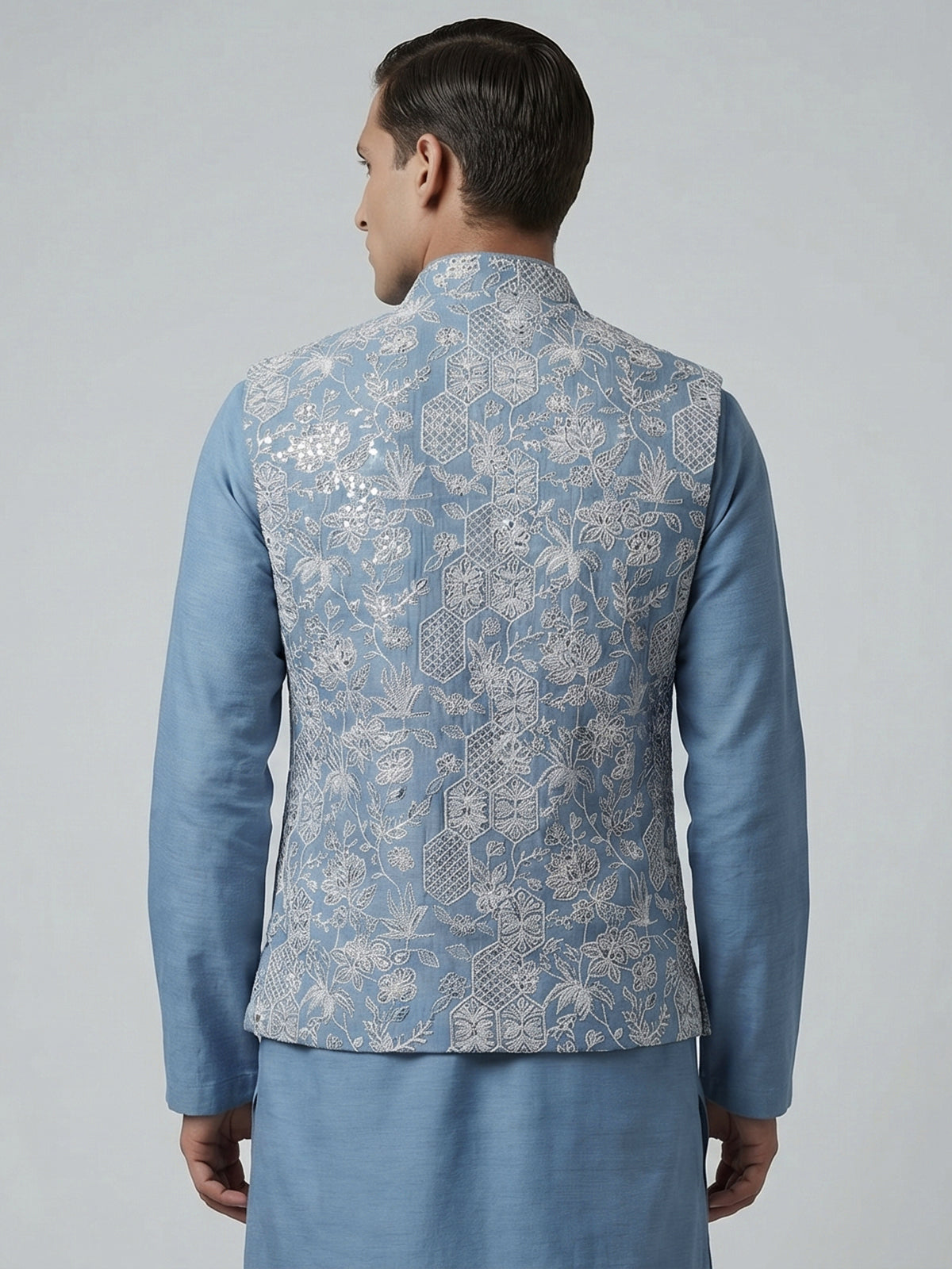 Sky blue silk linen embroidered festive waistcoat set