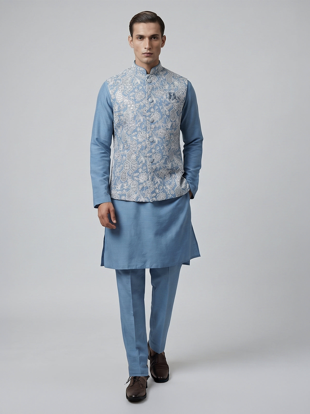 Sky blue silk linen embroidered festive waistcoat set