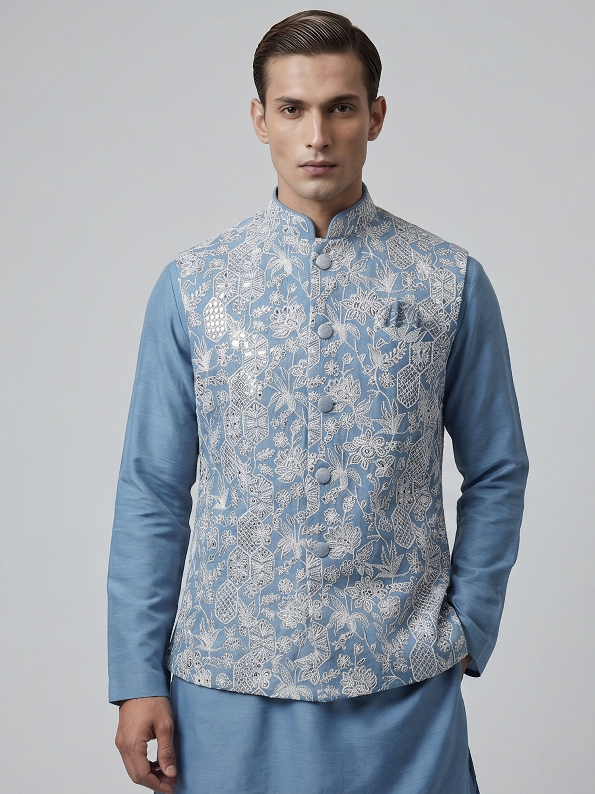 Sky blue silk linen embroidered festive waistcoat set