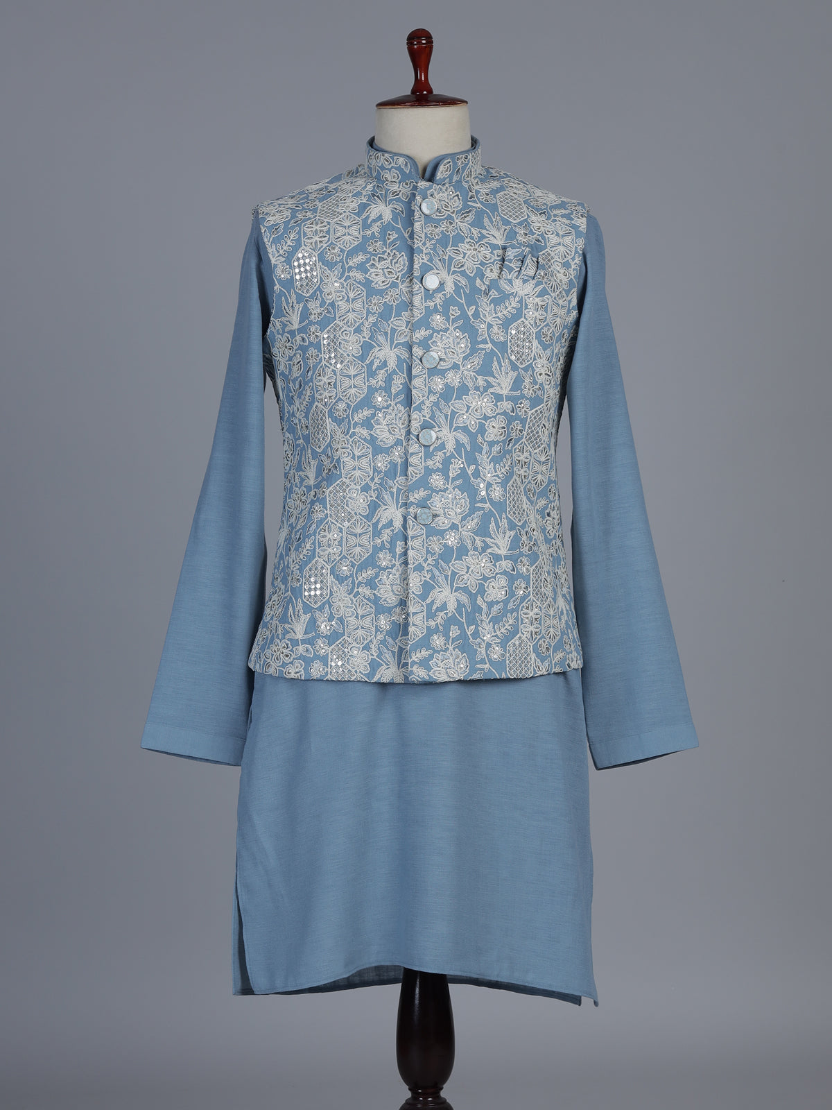 Sky blue silk linen embroidered festive waistcoat set