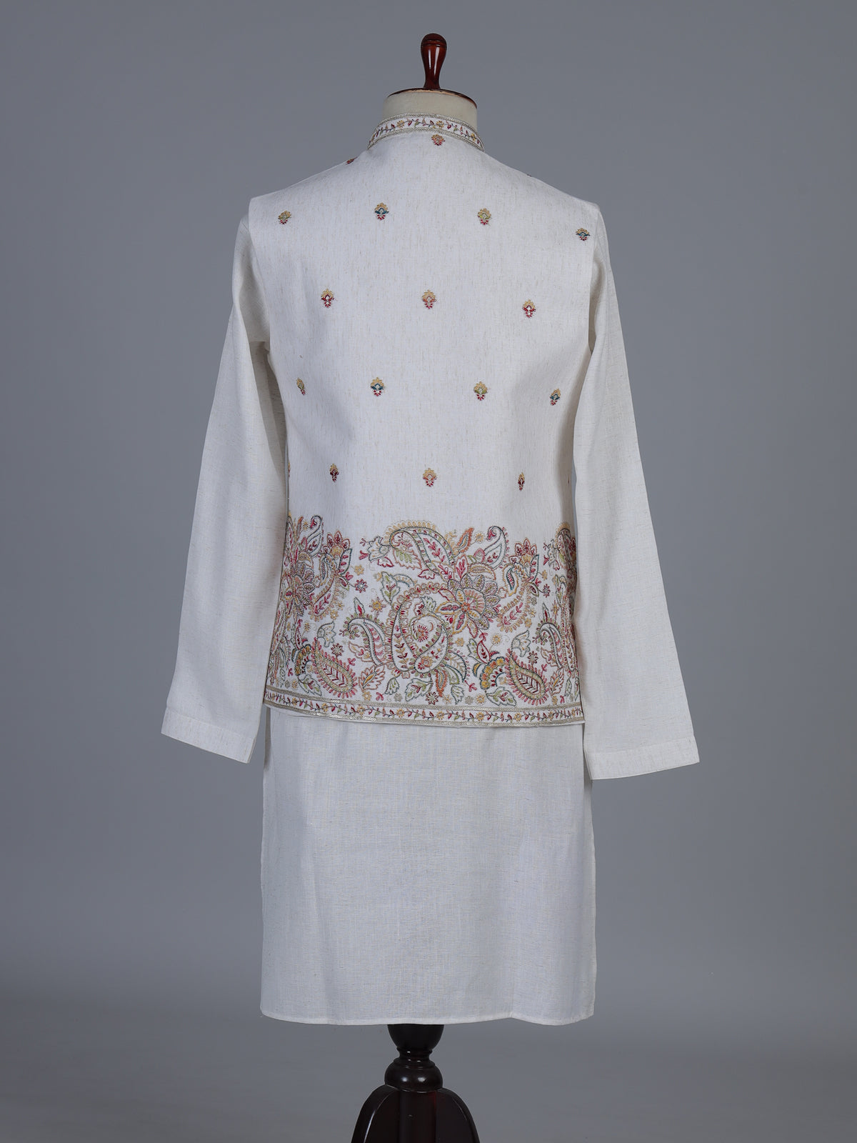 Off white silk embroidered elegant festive waistcoat set