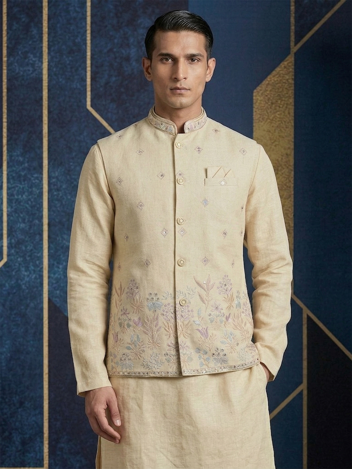 Cream cotton linen embroidered festive waistcoat set for men