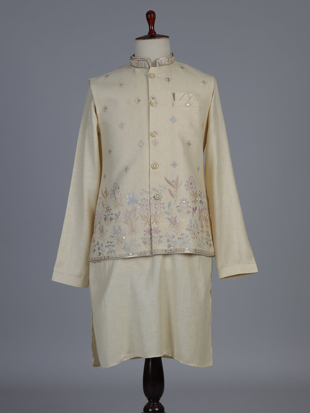 Cream cotton linen embroidered festive waistcoat set for men