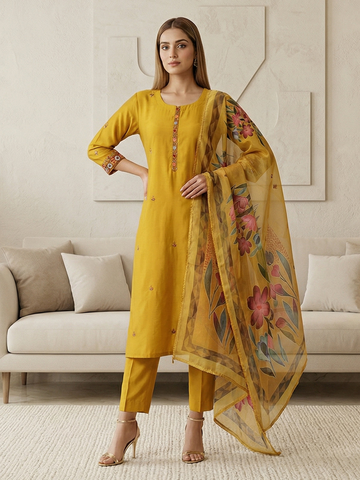 Mustard yellow silk straight cut festive kurti set with dupatta
